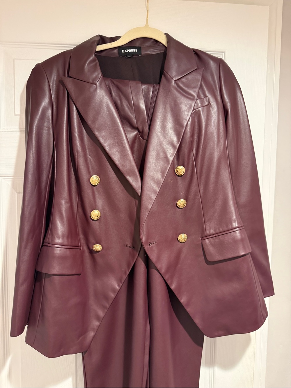 Express Double-Breasted Faux Leather Blazer Jacket - Wine